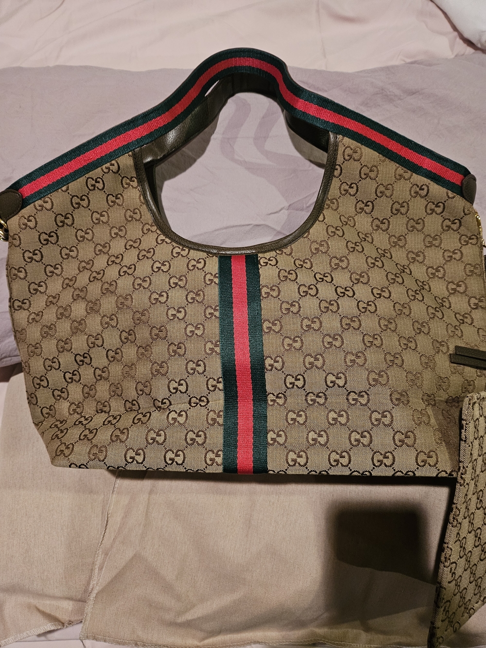 Beige Monogram Canvas Tote with Green and Red Web Strap 1 left - Picture 2 of 5